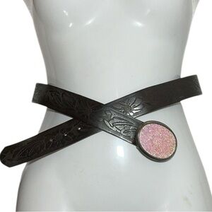 Italian Leather Belt Floral Embossed Western Design Glitter Buckle